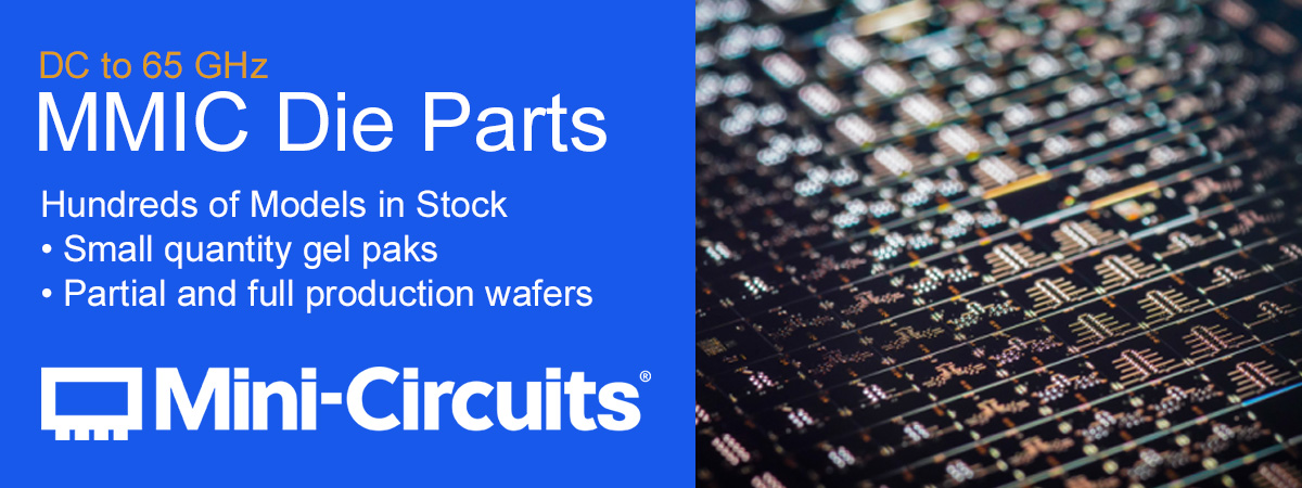 Mini-Circuits slide showcasing MMIC die parts with a frequency range from DC to 65GHz.