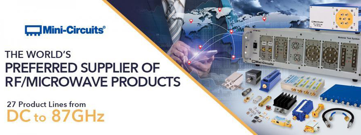 Mini-Circuits slide showcasing RF and microwave products from DC to 87GHz.